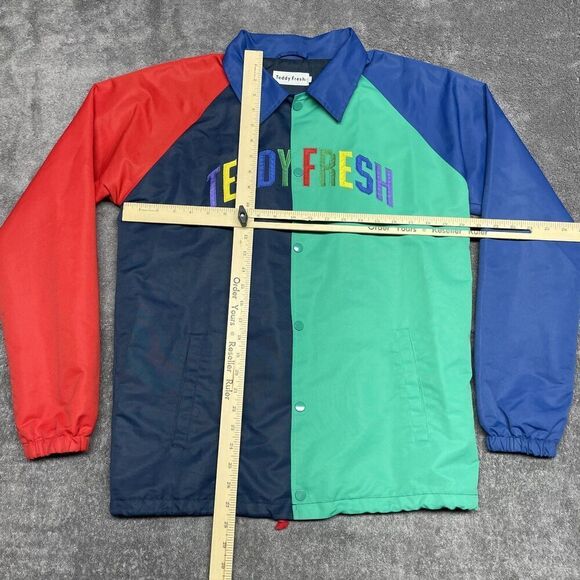 Teddy Fresh Color Block Jacket Size S Blue Green Red Snap Spellout Street Bear - Picture 4 of 8